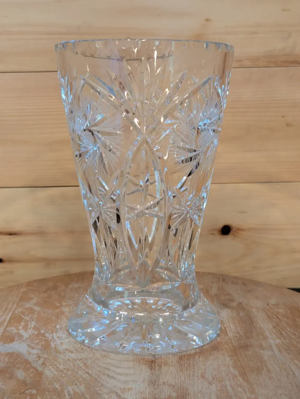 Vintage Heavy Cut Crystal Trumpet Vase - Pinwheel Starburst Pattern - 9.25
